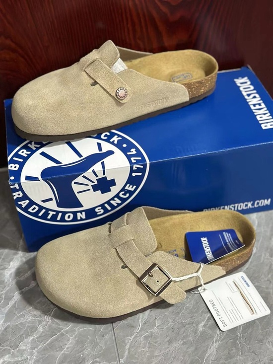Birkenstock Shoes - Birkenstock Beige Suede Boston Clog with Buckle